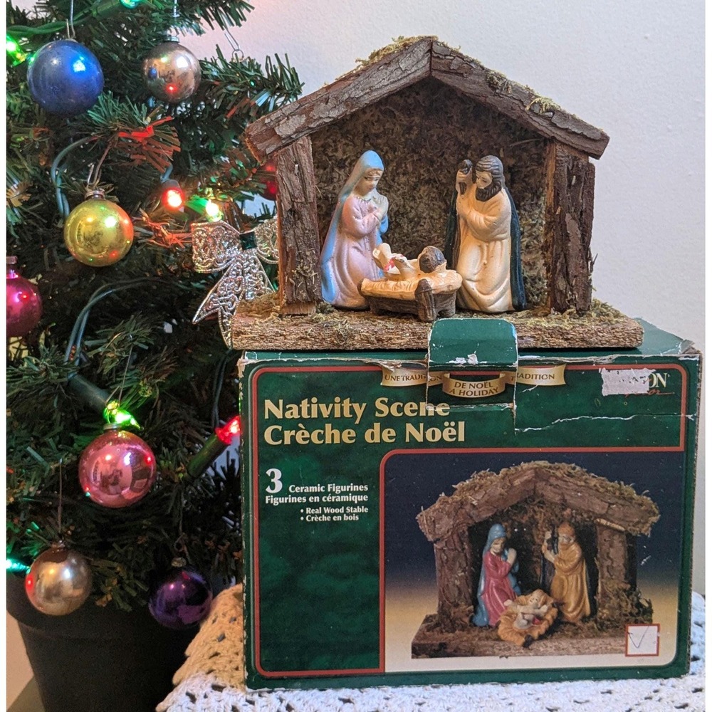 Vintage Nativity Scene with Box, Ceramic Holy Family Set, Wooden